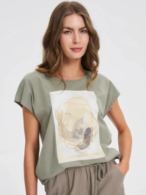 T-shirt z nadrukiem oliwkowy Moodo