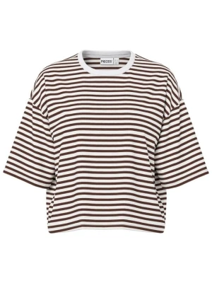 T-shirt z nadrukiem Pieces brązowy
