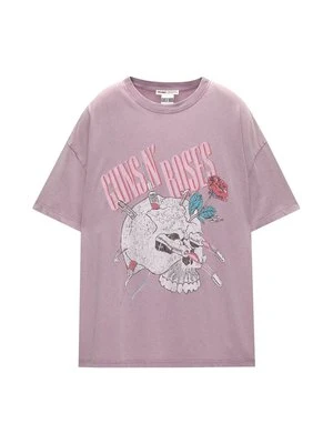 T-shirt z nadrukiem PULL&BEAR różowy