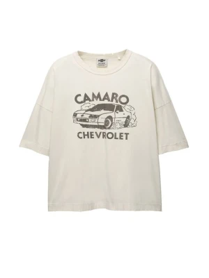 T-shirt z nadrukiem PULL&BEAR beżowy
