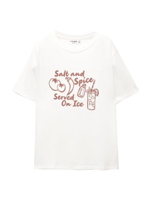 T-shirt z nadrukiem PULL&BEAR biały
