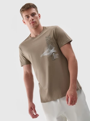 T-shirt z nadrukiem regular męski - khaki 4F