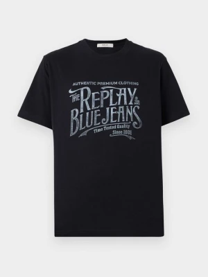 T-shirt z nadrukiem Replay granatowy