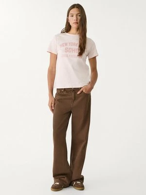 T-shirt z nadrukiem Stradivarius jasnoróżowy