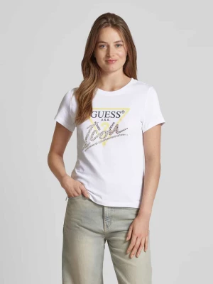 T-shirt z nadrukiem z logo i obszyciem ozdobnymi kamieniami Guess