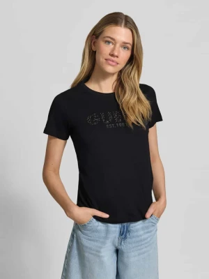 t-shirt z nadrukiem z logo i obszyciem z kamieni stras Guess