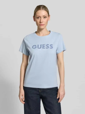 t-shirt z nadrukiem z logo i obszyciem z kamieni stras Guess