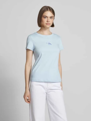 T-shirt z nadrukiem z logo i prążkowanym, okrągłym dekoltem Calvin Klein Jeans