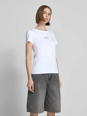 T-shirt z nadrukiem z logo i prążkowanym, okrągłym dekoltem Calvin Klein Jeans