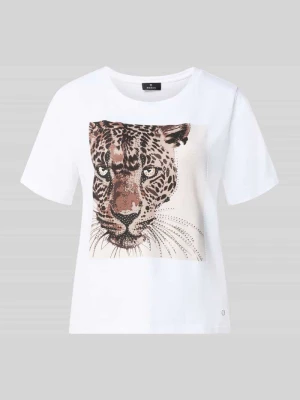 t-shirt z nadrukiem z motywem i obszyciem ozdobnymi kamieniami monari