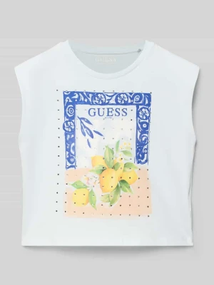 t-shirt z nadrukiem z motywem i obszyciem z kamieni stras Guess