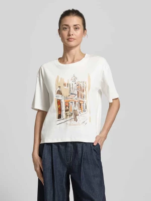 t-shirt z nadrukiem z motywem i obszyciem z kamieni stras monari