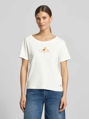 t-shirt z nadrukiem z motywem i obszyciem z kamieni stras monari