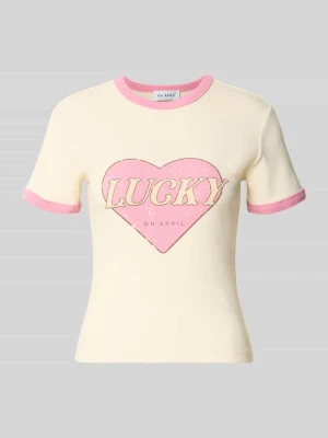 T-shirt z nadrukiem z motywem model 'Lucky' Oh April Złamany biały