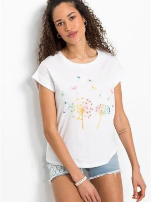 T-shirt z nadrukiem z roślinnym motywem BonPrix biały
