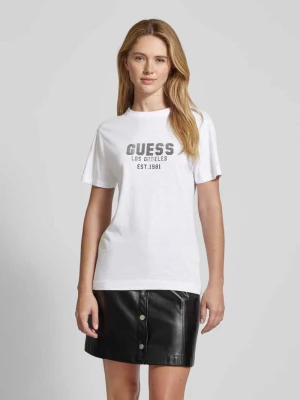 T-shirt z obszyciem kamieniami stras model ‘PYRAMIDE STUDS’ Guess