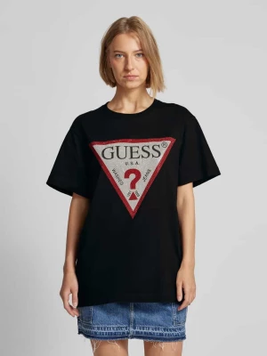 T-shirt z obszyciem kamieniami stras model ‘SHINY TRIANGLE’ Guess