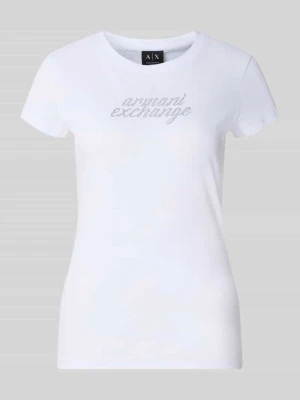 t-shirt z obszyciem ozdobnymi kamieniami i okrągłym dekoltem Armani Exchange Biały