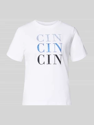 t-shirt z obszyciem ozdobnymi kamieniami i okrągłym dekoltem comma