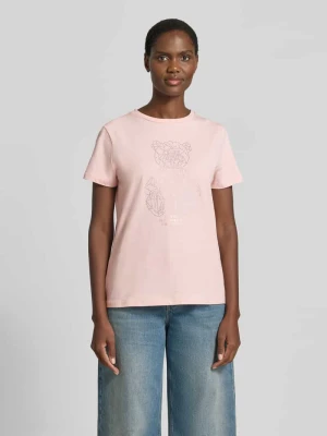 t-shirt z obszyciem ozdobnymi kamieniami i okrągłym dekoltem Guess Jasnoróżowy
