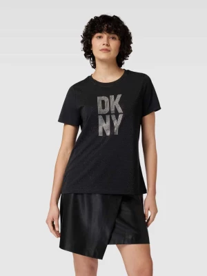 T-shirt z obszyciem ozdobnymi kamieniami z logo DKNY