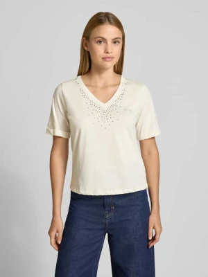 t-shirt z obszyciem z kamieni stras i dekoltem w serek Liu Jo Złamany biały