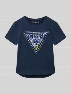 t-shirt z obszyciem z kamieni stras i nadrukiem z logo Guess