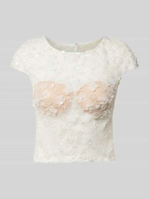 T-shirt z perełkami i dekoltem w łódkę Luxuar Złamany biały