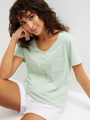 Zdjęcie produktu T-shirt z plisą guzikową BonPrix zielony