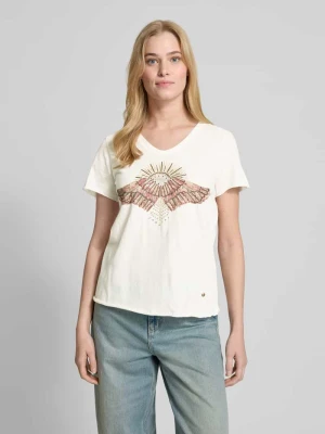 T-shirt z prążkowanym dekoltem w serek model ‘Nadine’ MOS MOSH