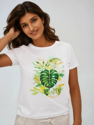 T-shirt z tropikalnym nadrukiem biały Moodo
