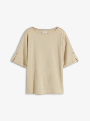 T-shirt z wiskozy z połyskującym nadrukiem BonPrix beżowy