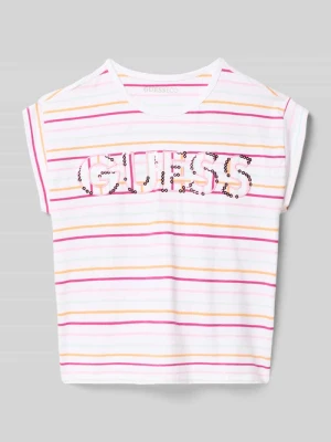 t-shirt z wyhaftowanym logo i cekinowym obszyciem Guess Biały