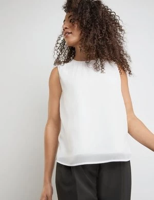 TAIFUN Damski Bluzkowy top z szyfonową warstwą 62cm Bez rękawów Okrągły Biały Jednokolorowy