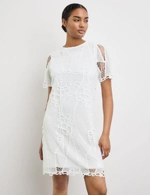 TAIFUN Damski Koronkowa sukienka krótkie Okrągły Biały Jednokolorowy