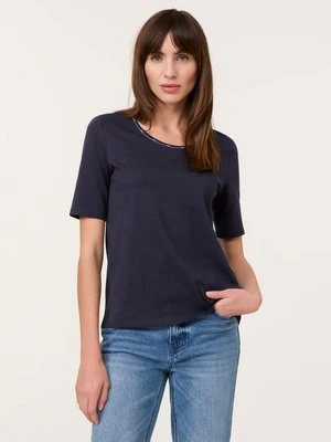 TAIFUN Damski T-shirt basic z ozdobną listwą 62cm Półrękawek Okrągły, Niebieski Jednokolorowy Gerry Weber