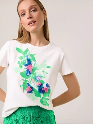 TAIFUN Damski T-shirt z aplikacją kwiatową 62cm krótkie Okrągły, Zielony Gerry Weber