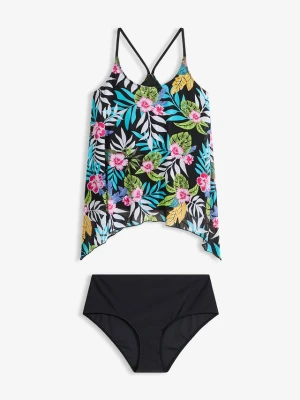 Tankini (komplet 2 cz.) z siateczkową koszulką z nadrukiem BonPrix czarny