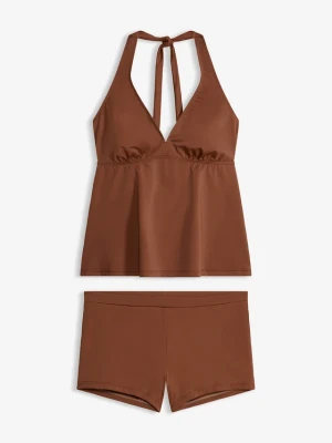Tankini z dekoltem typu halter i spodenkami bikini (2 części) BonPrix brązowy
