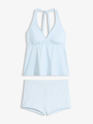 Tankini z dekoltem typu halter i spodenkami bikini (2 części) BonPrix niebieski
