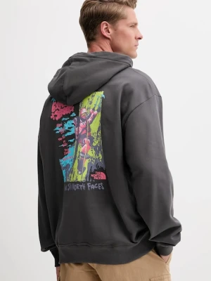 The North Face bluza bawełniana Expedition Celebration męska kolor szary z kapturem z nadrukiem NF0A8E3FRHI1