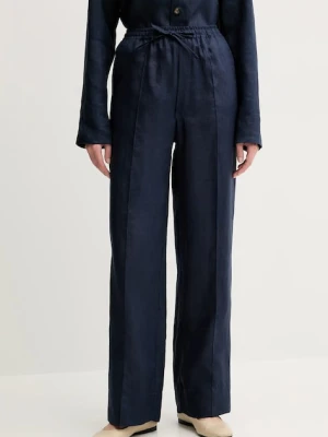 The Sleeper spodnie lniane damskie kolor granatowy szerokie high waist UNPT01P004N