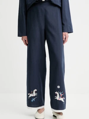The Sleeper spodnie z domieszką lnu damskie kolor granatowy proste high waist FW2402EP