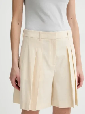 Theory szorty lniane damskie kolor beżowy gładkie high waist P0303208
