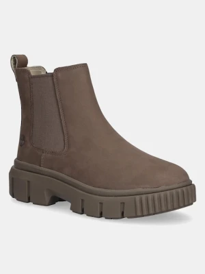 Timberland sztyblety nubukowe Greyfield Chelsea damskie kolor brązowy na płaskim obcasie TB0A2FK2EM51