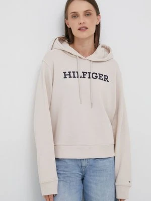 Zdjęcie produktu Tommy Hilfiger bluza bawełniana damska kolor beżowy z kapturem z aplikacją