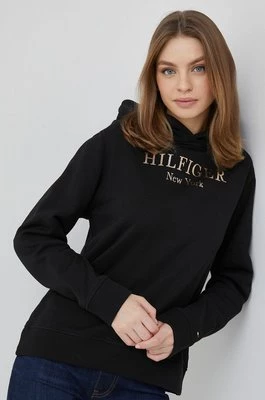 Tommy Hilfiger bluza bawełniana damska kolor czarny z kapturem z nadrukiem