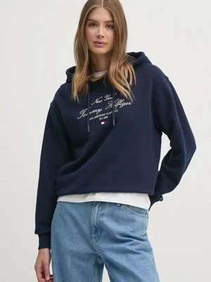 Tommy Hilfiger bluza bawełniana damska kolor granatowy z kapturem z aplikacją WW0WW43842