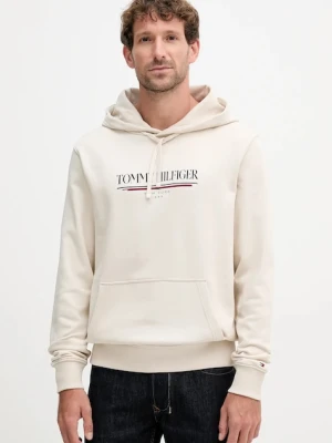 Tommy Hilfiger bluza bawełniana męska kolor beżowy z kapturem z nadrukiem MW0MW40534