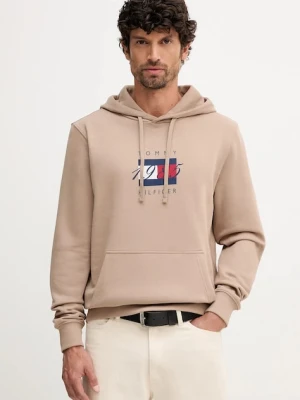 Tommy Hilfiger bluza bawełniana męska kolor beżowy z kapturem z nadrukiem MW0MW41332